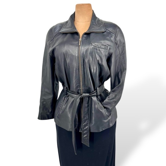 Vintage Y2K Black Leather Jacket Sz L Tie Belt Zip Funnel Neck by Preston & York - Picture 2 of 16